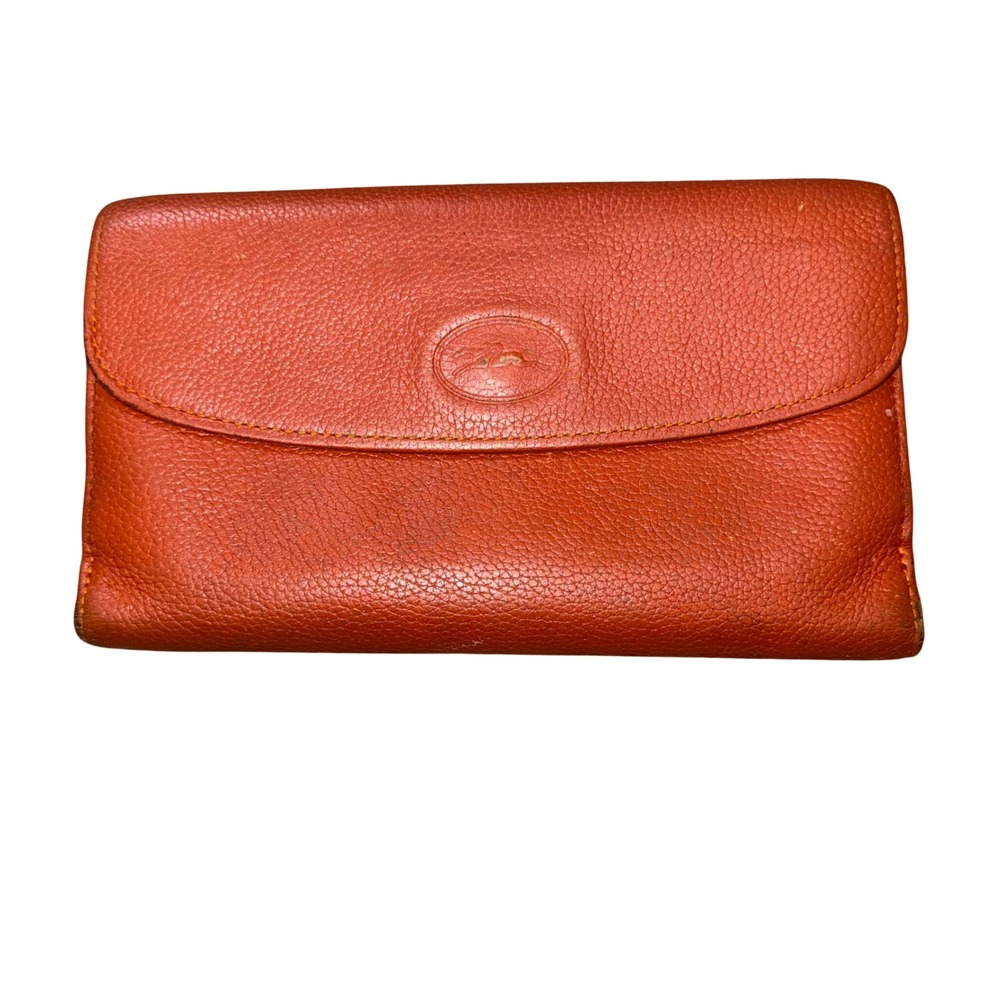 Longchamp Pebbled Leather Continental Wallet Womens OS Orange Good Snap Closure